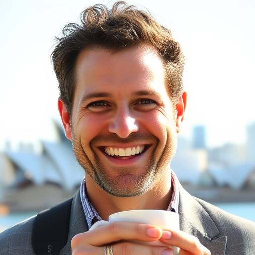 Michael Lee, smiling and holding a coffee cup in front of the Sydney Opera House, celebrating his job offer.