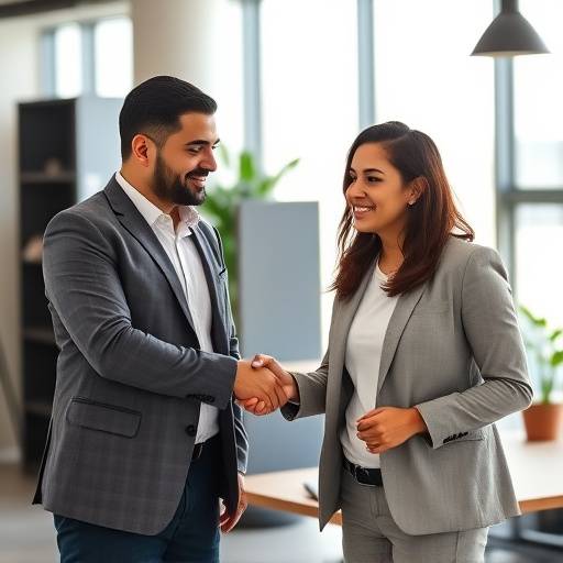 Omar Alvarez, dressed smartly, shaking hands with his new manager at a tech startup in Melbourne.
